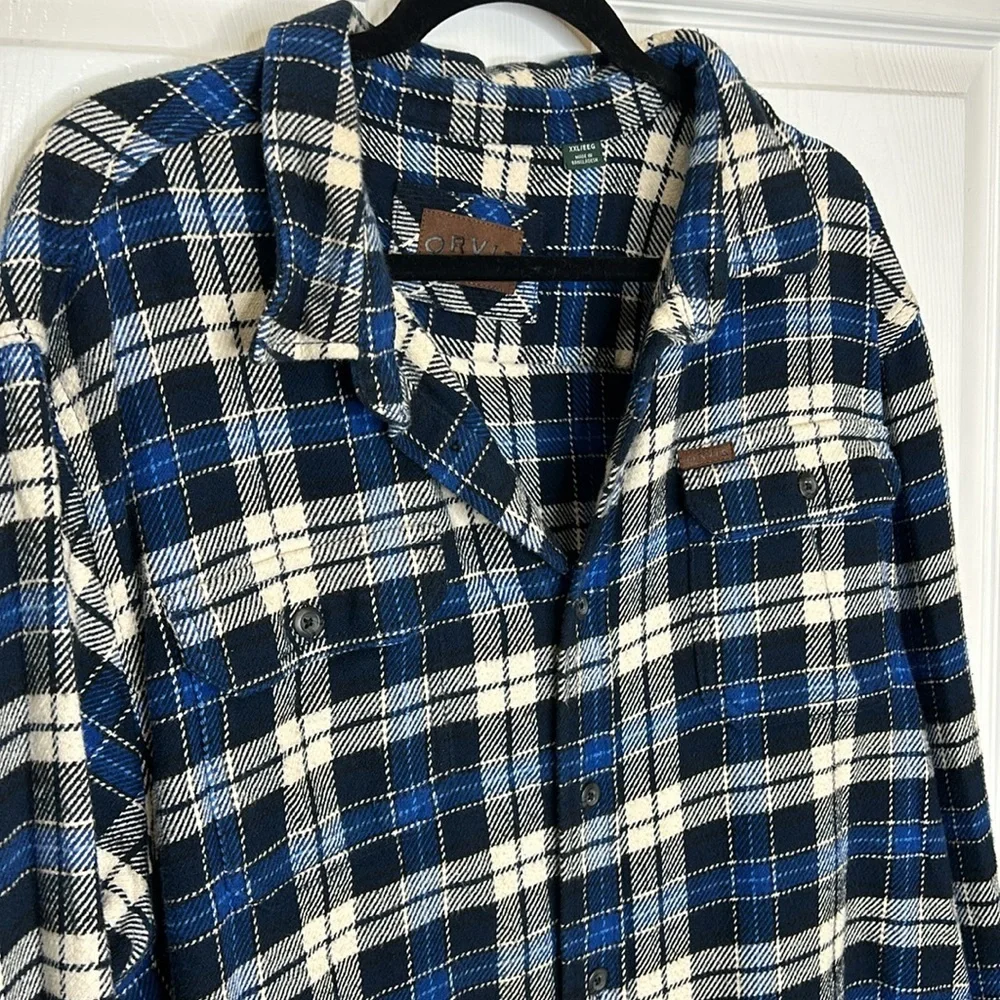 Orvis Men's Plaid Flannel Button Down Shacket Size XXL Black Blue Casual‎ Cozy